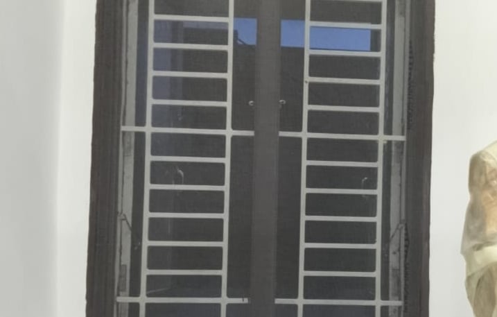 Wide shot of a balcony in Bellandur with a newly installed mosquito net, sunlight filtering through.