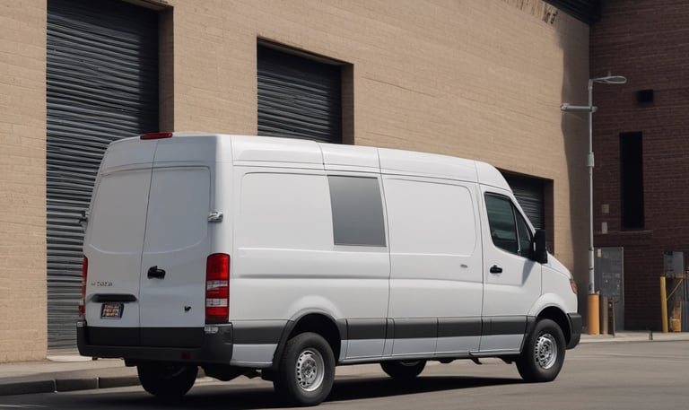 Cargo van parked outside a busy warehouse loading dock.