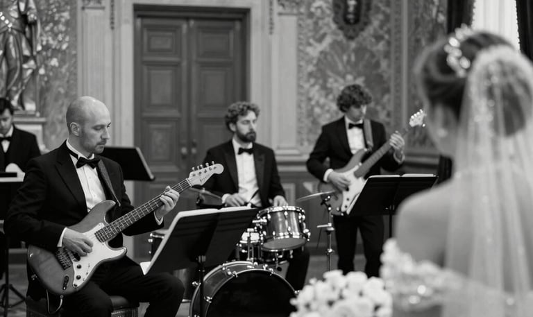 An elegant ensemble rehearsing in a minimalist, ivory-toned space with subtle black accents.