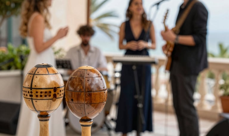 Sophisticated string quartet playing in a grand hotel ballroom bathed in warm gold light.