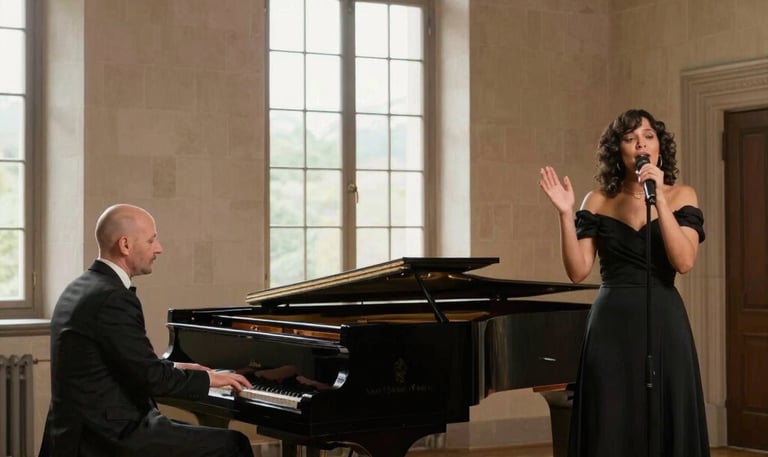 Elegant duo performing softly in a candlelit hotel lounge.