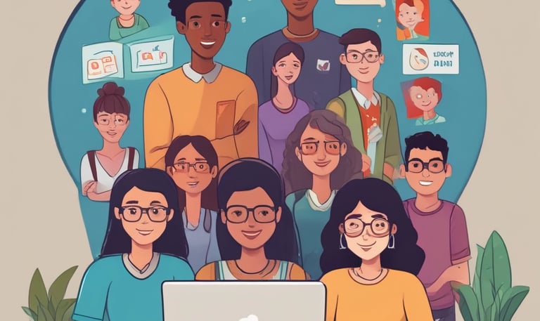 A team meeting with diverse educators brainstorming around a laptop.