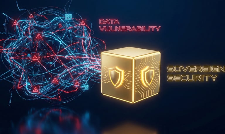 a mess of blue lights representing data vulnerability going into a gold sovereign security box