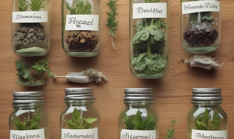 A close-up of fresh green herbs and flowers arranged on a wooden table.