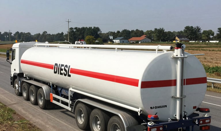 A modern fuel tanker truck on the highway during sunset.