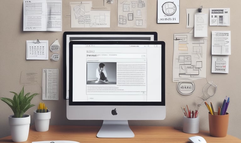 A team gathered around a table, sketching website layouts and discussing ideas.