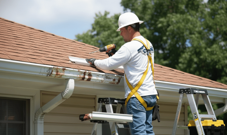 Gutter repair service fixing damaged gutters on residential home in Durham NC