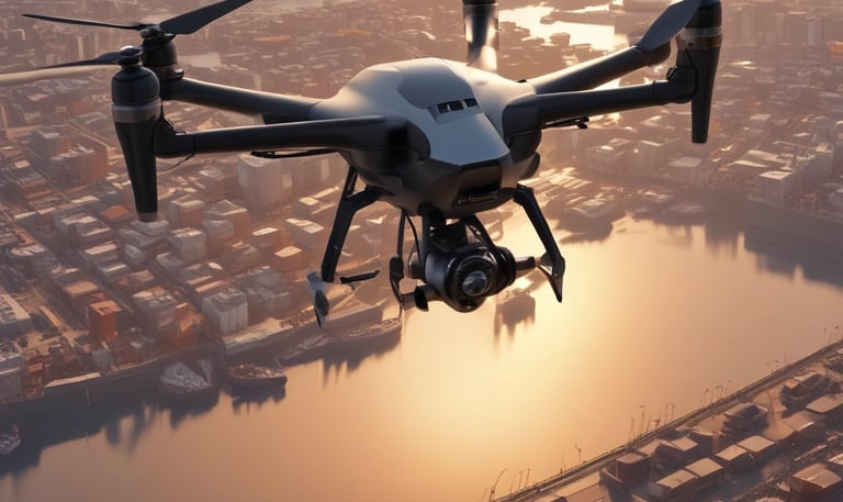 A compact drone equipped with sensors flying over a test field with technicians monitoring from the ground.