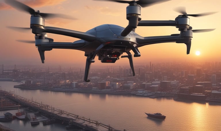 Close-up of a drone antenna system with signal waves illustrated against a backdrop of a radar screen.