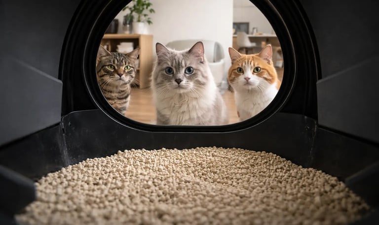 photo depuis l'intérieur du globe du robot litière, 3 chats regardent la caméra dans le réceptacle 