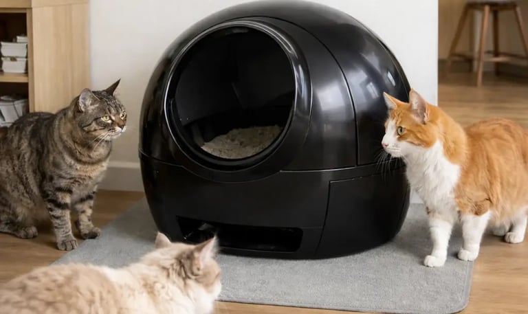 plusieurs chats dans une famille en appartement qui sont intrigués par leur robot litièree