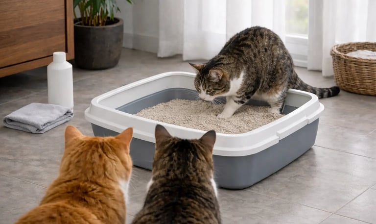 3 chats avec leur bac à litière propre et entretenu 