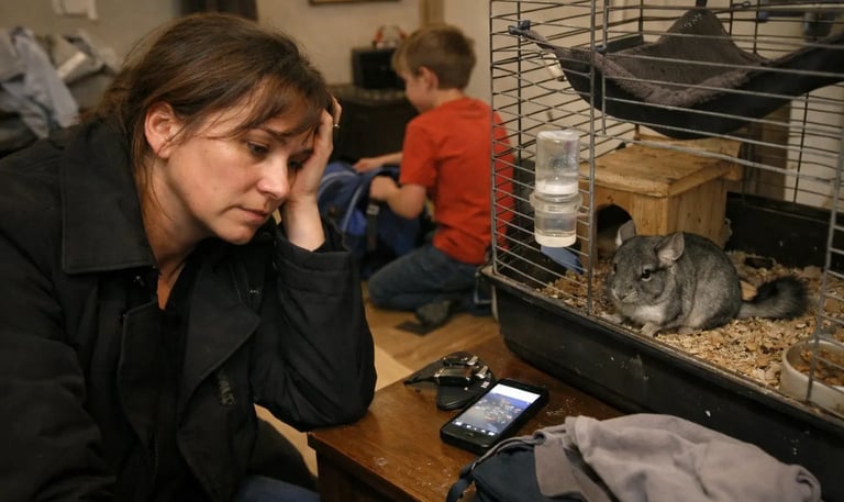 parent débordé et fatigué qui doit se forcer a nettoyer la cage du chinchilla de l'enfant