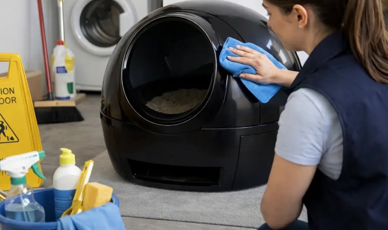 technicienne qui nettoie l'extérieur du robot au chiffon microfibre