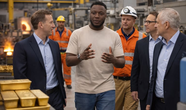 A diverse team of business professionals and industrial engineers discuss gold bar production inside a refinery.