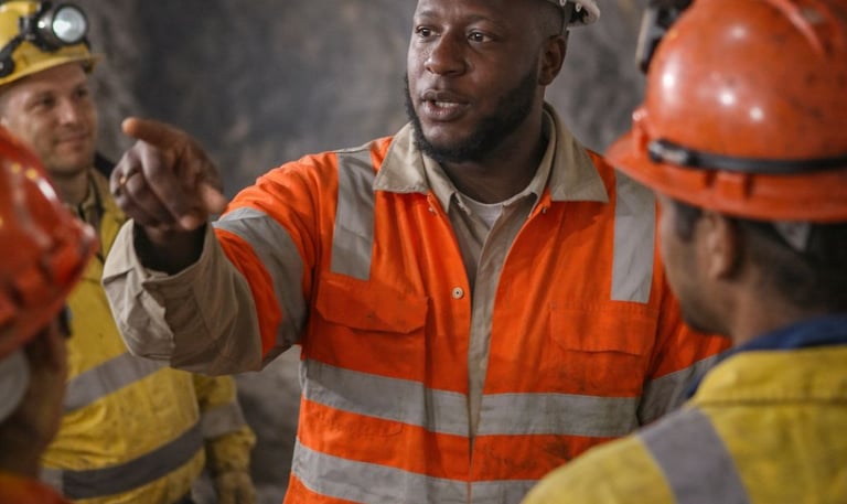 A group of underground miners in hard hats and safety gear discussing work inside a dark mine tunnel.