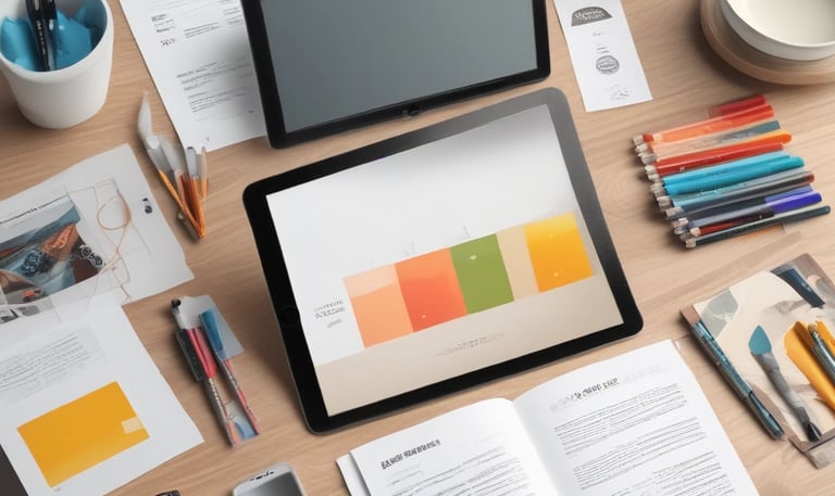 A creative team discussing ideas around a table with sketches and laptops.