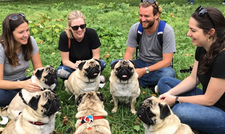 A group of pug owners happily gathered at a park, sharing laughs and pug tales.