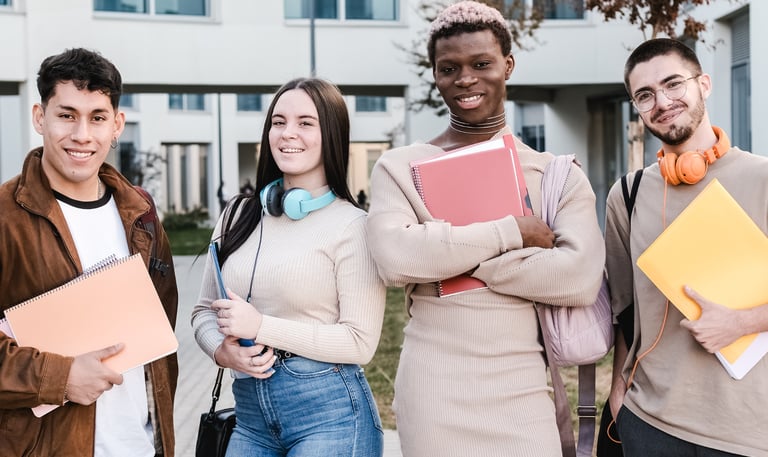 a group of students standing in front of a building