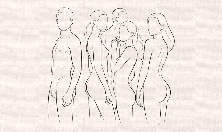 Abstract figure sketch in black ink — minimal contour drawing with Scandinavian restraint and visual
