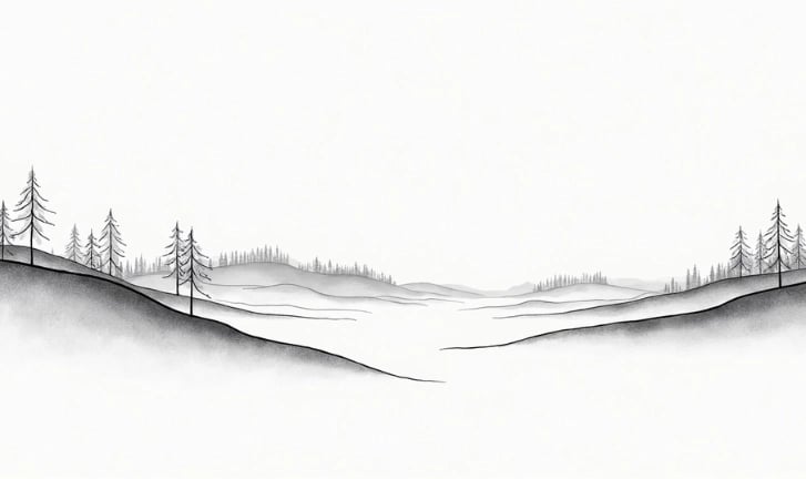 Minimalist Nordic line art — single black contour inspired by landscape silhouettes and calm.