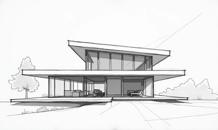 Minimal architectural line sketch — clean contours and spatial depth without shading, capturing Nord