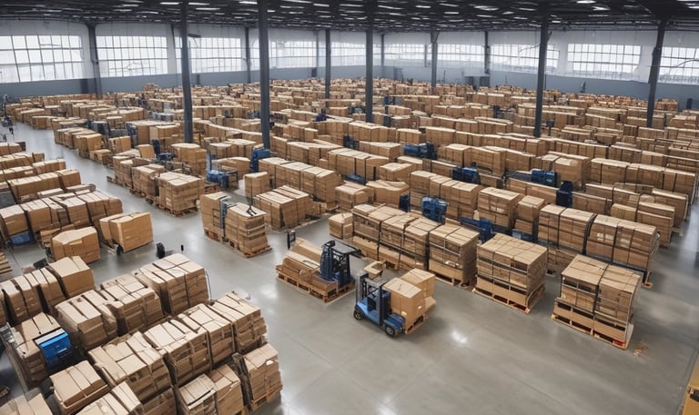 An industrial warehouse filled with various stacks and arrangements of metal beams, shelving units, and construction materials. A white truck is parked among the clutter. The scene includes colorful pallets and containers lining the walls, and the floor is mostly concrete.