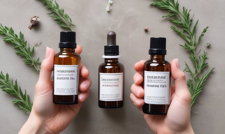 A hand holds a small amber bottle labeled 'Peppermint Essential Oil' alongside a clear glass vial with a white cap. The background features large, vividly colored pink and green leaves.
