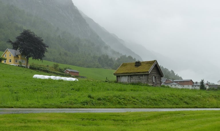 Olden Norway Cabin with mountains in distance
