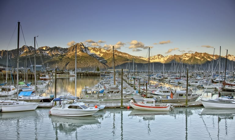 Seward Alaska Marina with boats and mountains in distance
