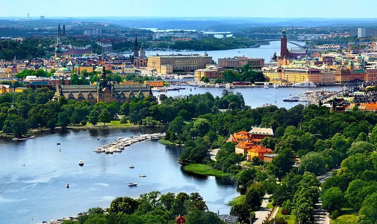 aerial view of Stockholm Sweden with buildings and water