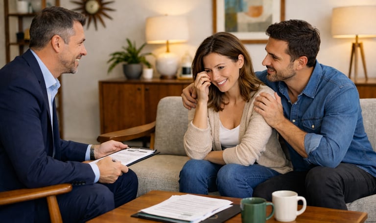 Investigator meeting with a happy couple to discuss mortgage documents and home insurance.
