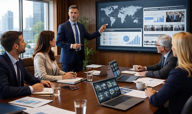 Professional businessman presenting global risk assessment data to a corporate team in a modern boardroom.