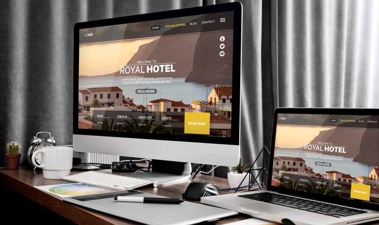 Web designer working on a modern, SEO-optimized website on a laptop, enhancing digital experiences f