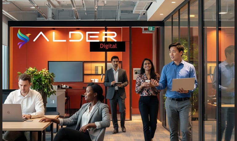 Employees in Alder Digital's conference room office.