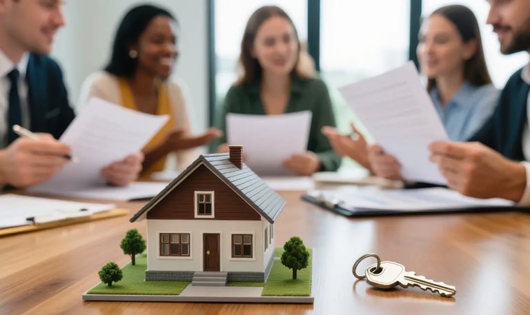Reunião de planejamento de marketing com miniatura de casa e chave em primeiro plano representando e