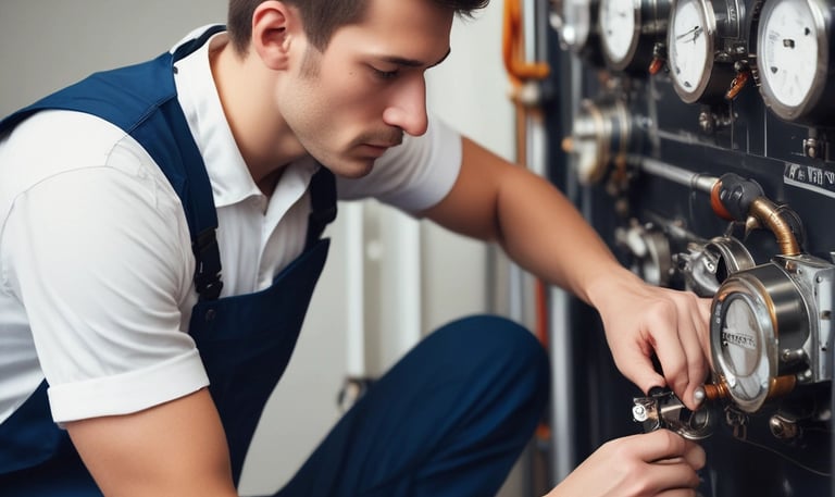 A large industrial space with massive machinery, including engines and generators. Two workers are operating and maintaining the equipment on a checkered floor under a high ceiling with steel beams.