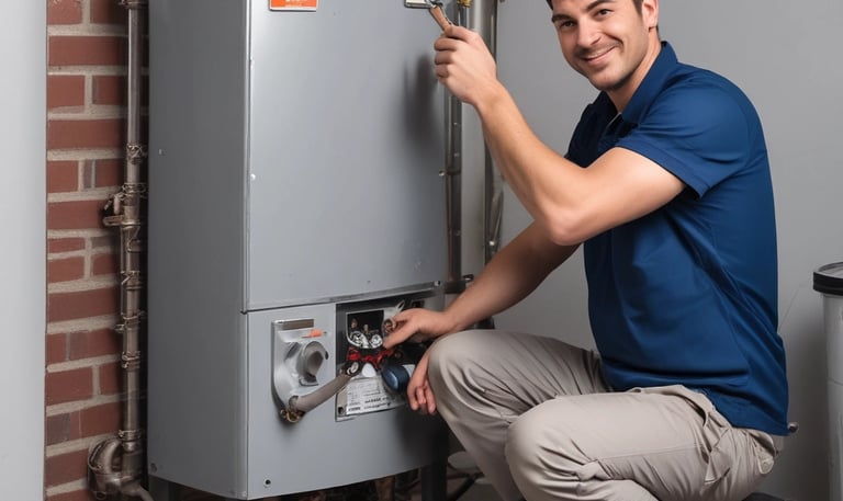 A rusted, old industrial furnace or boiler is situated in a dilapidated, abandoned setting. The ground is covered with debris and dust, including a large, partially visible sack with orange writing and a metallic pipe fitting. The atmosphere suggests neglect and decay.
