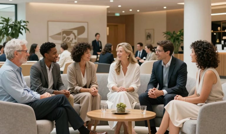 A small group gathered in a circle, holding hands in prayer inside a cozy room.