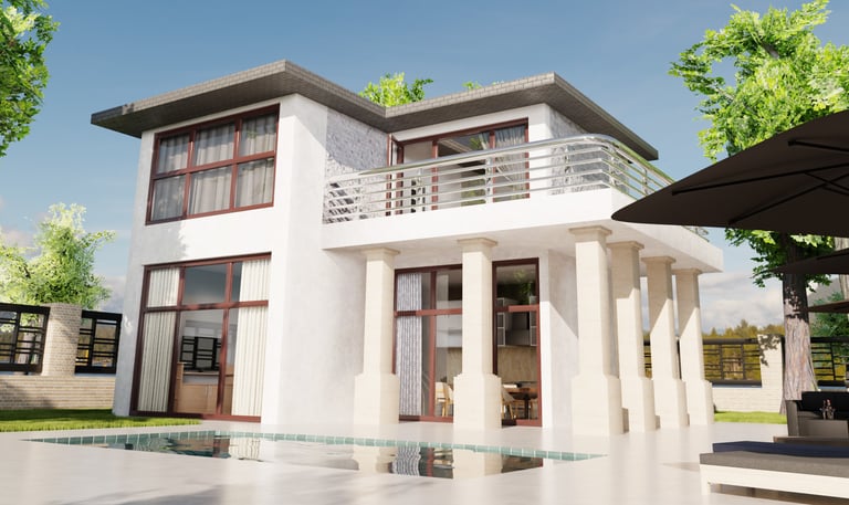 a house with a pool and a patio umbrella