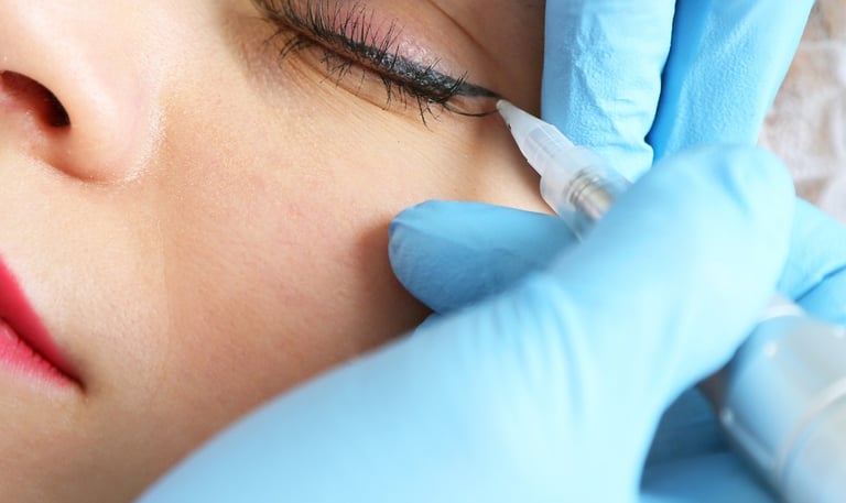 a permanent makeup artist holding a PMU machine next to a pigment ring, illustrating the pre