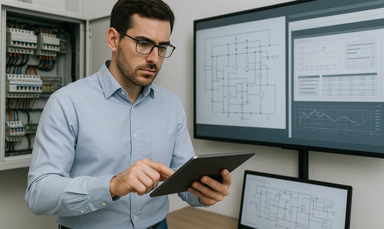 Um Engenheiro analisando um estudo em um tablet, com alguns projetos ao fundo e um quadro de proteçã