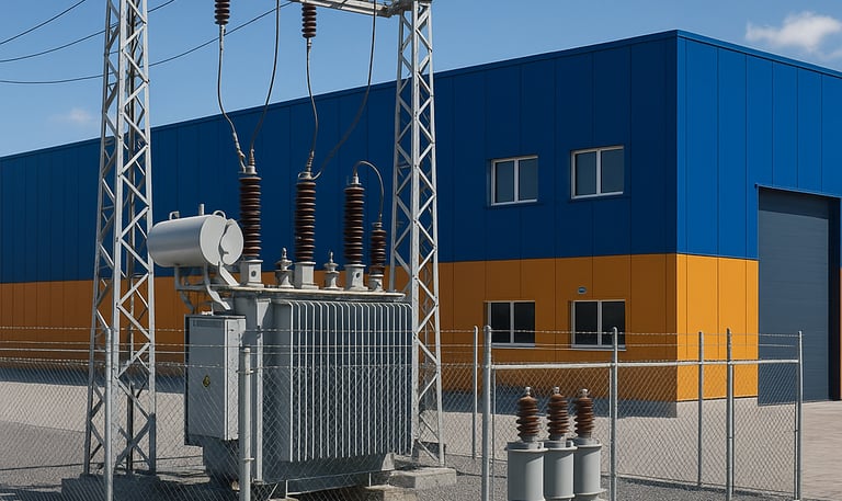 Uma Subestação de Energia Elétrica próxima a um galpão industrial.