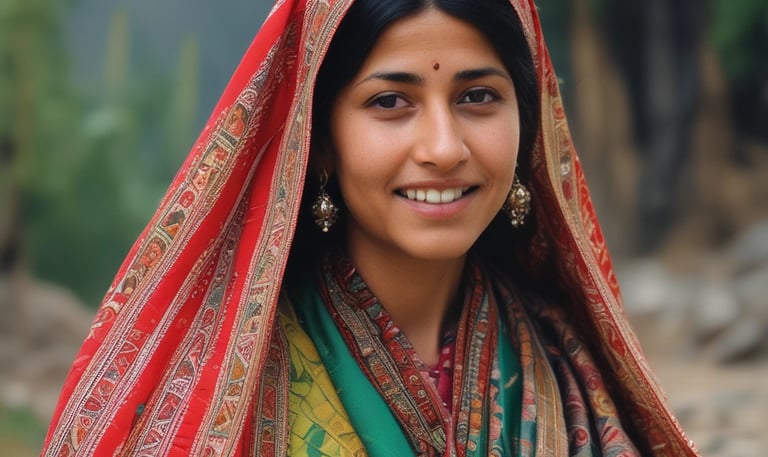 A woman dressed in traditional Indian attire with intricate jewelry holds a colorful statue of Lord Ganesha. She stands in an outdoor setting with a blurred background of greenery and buildings. Her attire includes a vibrant saree with red and gold patterns.