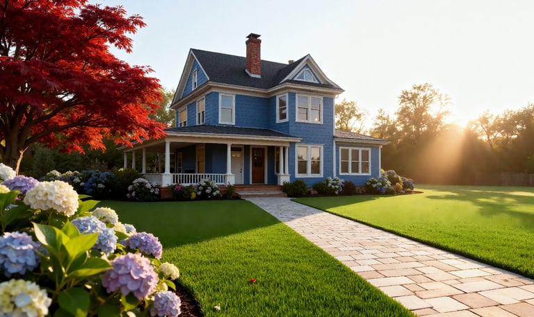 a light blue house with a beautiful landscaped yard