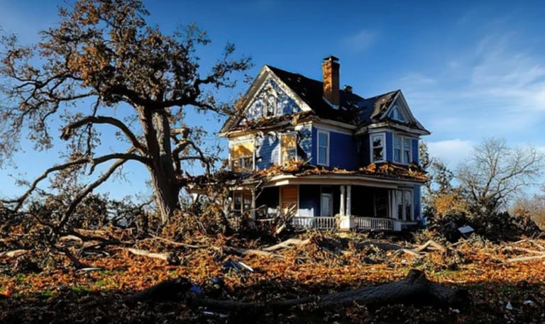 a house and yard that is severely damaged by a storm, debris everywhere
