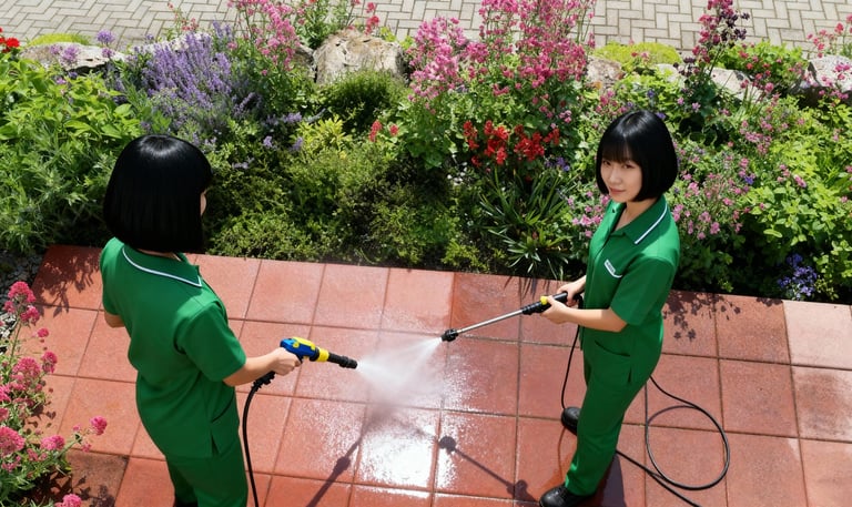 two women in a green uniforms pressure washing a patio