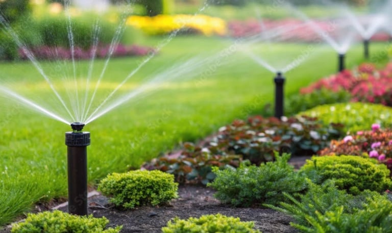 a sprinkler system watering a lawn and flower bed