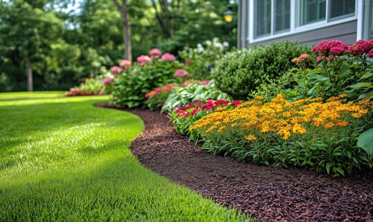 a beautiful lawn and flower bed with flowers