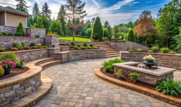a paved level with multi-terraces, steps and plants
